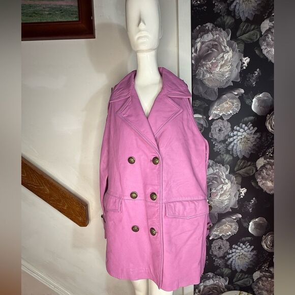 Free People We The Free Top Notch Leather Pea Coat/ size M - Picture 3 of 7